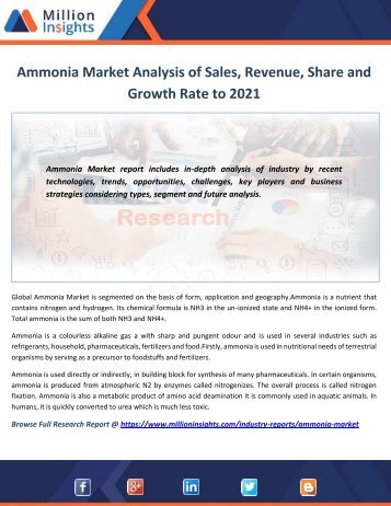 Ammonia Market Analysis of Sales, Revenue, Share and Growth Rate to 2021