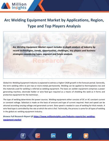 Arc Welding Equipment Market by Applications, Region, Type and Top Players Analysis