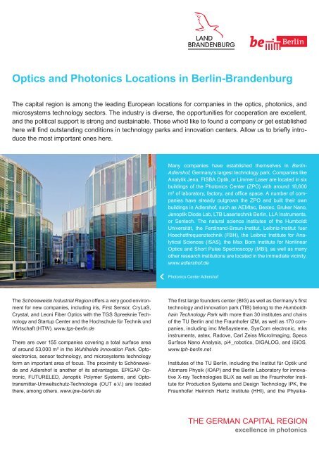 Optics and Photonics Locations in Berlin-Brandenburg
