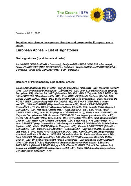 European Appeal - List of signatories - The Greens