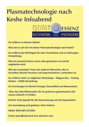 Plasmatechnologie nach Keshe Infoabende 4.Quartal 2017