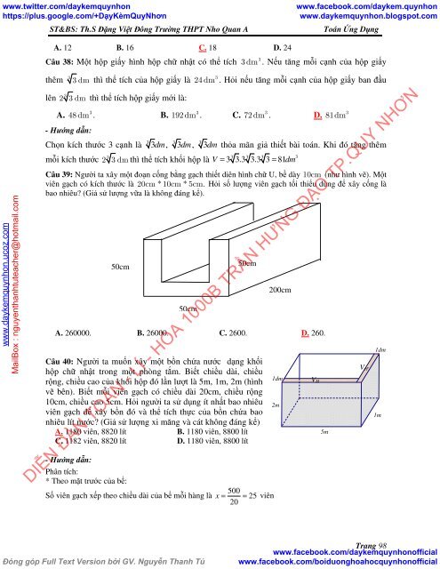 COMBO Bài tập trắc nghiệm nâng cao Toán 12 & Các dạng toán ứng dụng thực tế có đáp án và lời giải chi tiết St&Bs Đặng Việt Đông