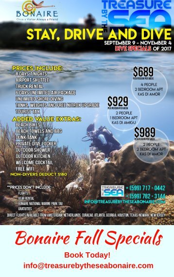 9-9-17 Fall Special Stay, Drive& Dive Treasure By The Sea Bonaire