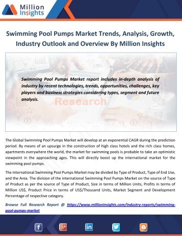 Swimming Pool Pumps Market Trends, Analysis, Growth, Industry Outlook and Overview By Million Insights