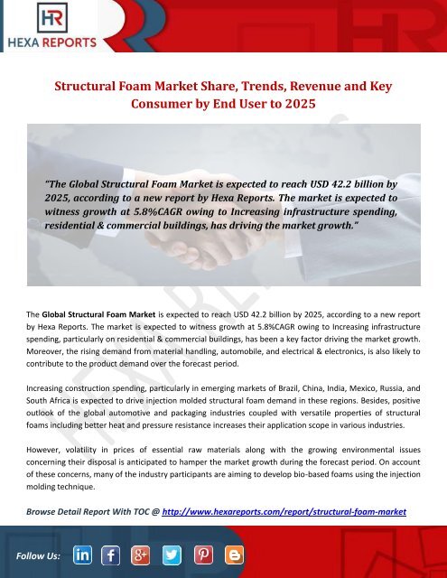 Structural Foam Market Share, Trends, Revenue and Key Consumer by End User to 2025