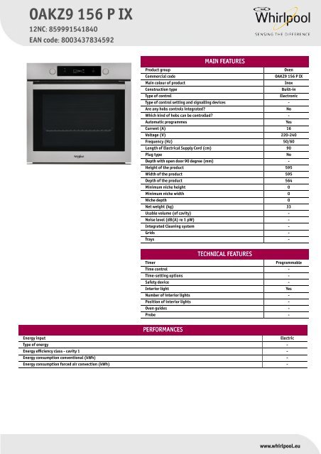 KitchenAid OAKZ9 156 P IX - OAKZ9 156 P IX EN (859991541840) Product data  sheet