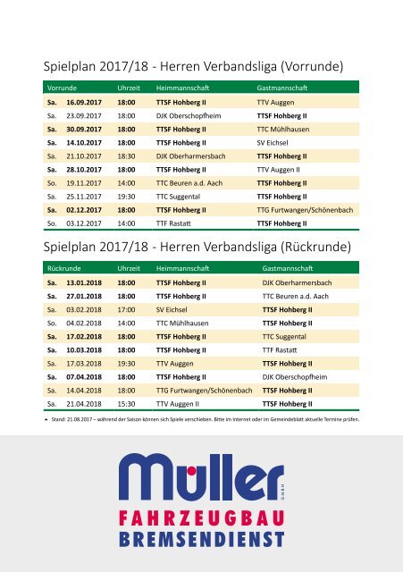 Saisonheft TTSF Hohberg (2017 / 2018)