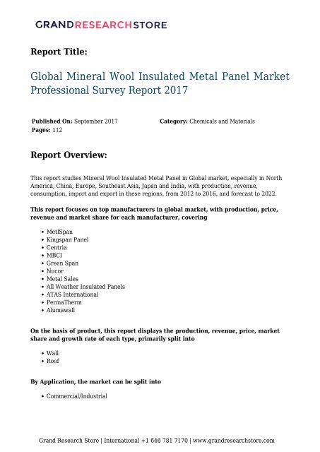 Global Mineral Wool Insulated Metal Panel Market Professional Survey Report 2017