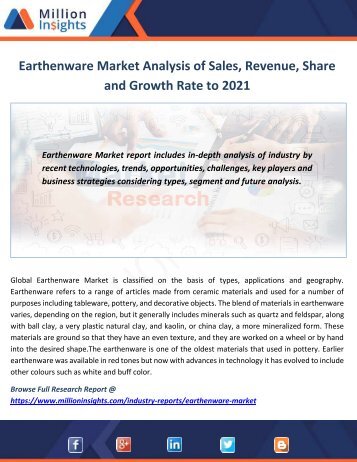 Earthenware Market Analysis of Sales, Revenue, Share and Growth Rate to 2021