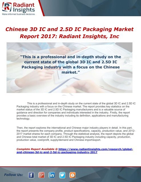 Global and Chinese 3D IC and 2.5D IC Packaging Industry, 2017 Market Research Report