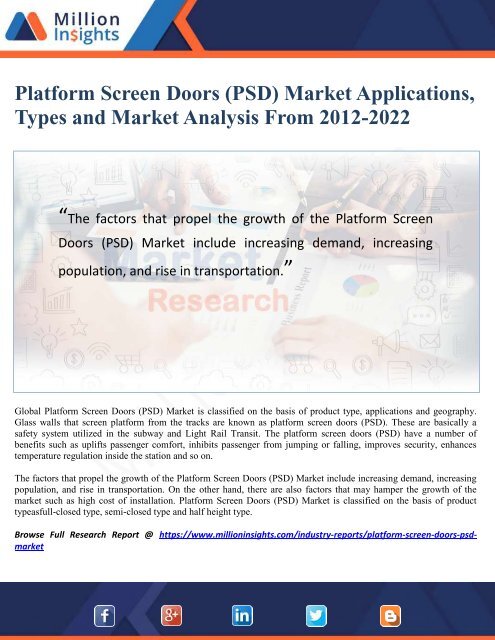 Platform Screen Doors (PSD) Market Applications, Types and Market Analysis From 2012-2022