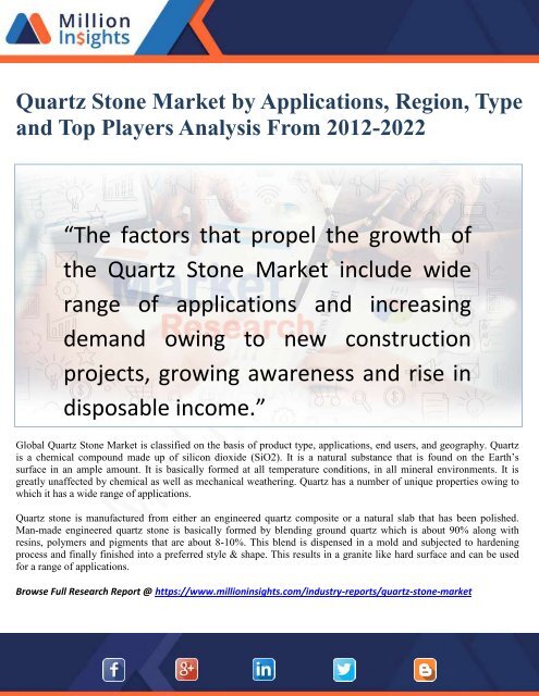 Quartz Stone Market by Applications, Region, Type and Top Players Analysis From 2012-2022