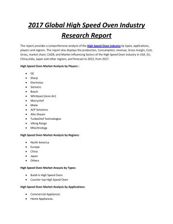 Growth of High Speed Oven Industry Projected to Amplify During 2017-2022