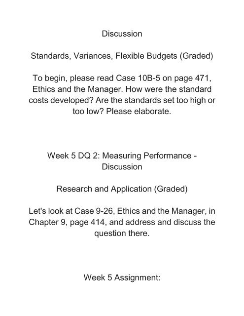 ACCT 505 Managerial Accounting Complete Course