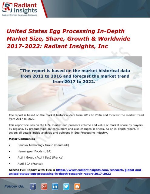 United States Egg Processing In-Depth Market Size, Share, Growth &amp; Worldwide 2017-2022 Radiant Insights, Inc
