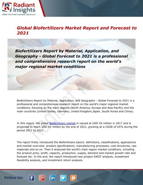 Europe Biofertilizers Market Size, Share, Trends, Analysis and Forecast Report to 2021:Radiant Insights, Inc