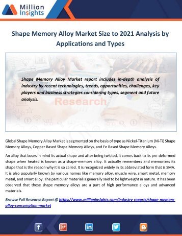 Shape Memory Alloy Market Size to 2021 Analysis by Applications and Types