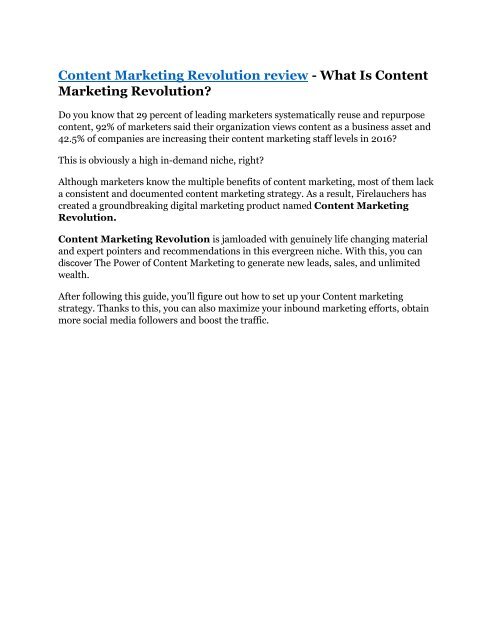 Content Marketing Revolution review and (MEGA) bonuses – Content Marketing Revolution 