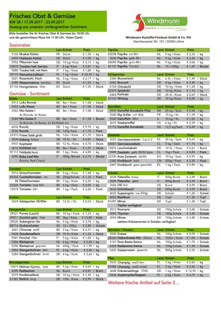 Wochenpreisliste Obst und Gemüse KW38 2017