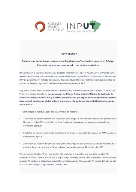 Nota Técnica_Estimativas sobre áreas desmatadas ilegalmente e &#039;anistiadas&#039; pelo novo Código Florestal podem ser menores do que indicam estudos 2