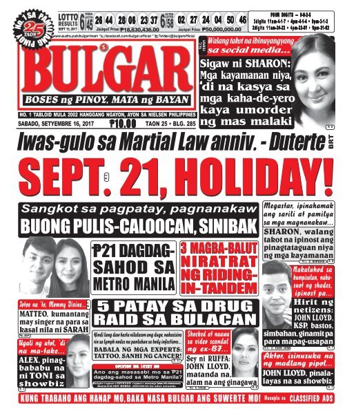 SEPTEMBER 16, 2017 BULGAR: BOSES NG PINOY, MATA NG BAYAN