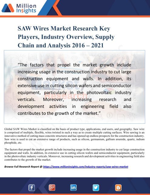SAW Wires Market Research Key Players, Industry Overview, Supply Chain and Analysis 2016 – 2021
