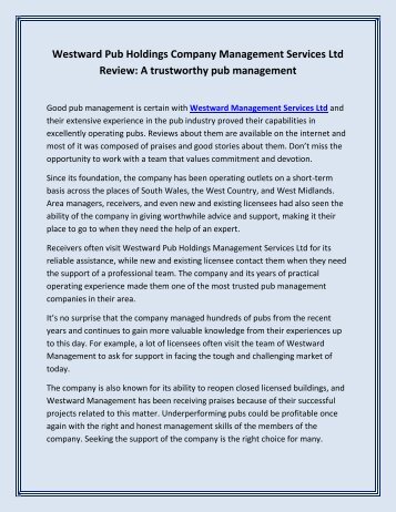 Westward Pub Holdings Company Management Services Ltd Review: A trustworthy pub management