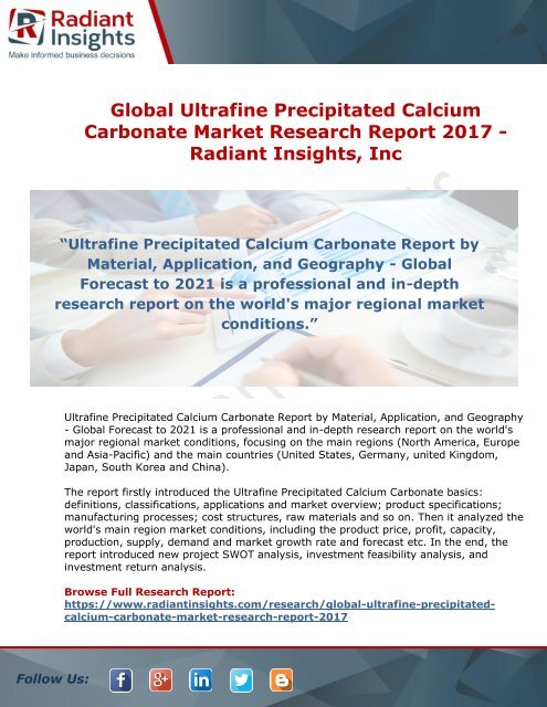Global Ultrafine Precipitated Calcium Carbonate Industry Research Report 2017 - Radiant Insights