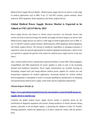 Global Medical Power Supply Devices Market is Expected to be Valued at US$ 1,613.9 Mn by 2022