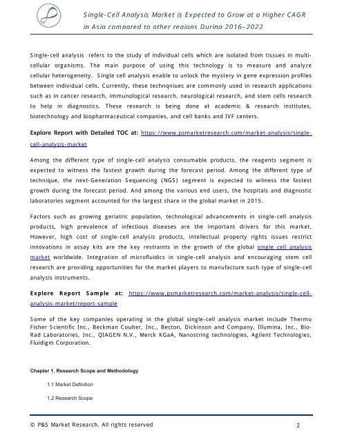 Single-Cell Analysis Market Trends, Size, Share, Development and Demand Forecast to 2022 by P&amp;S Market Research