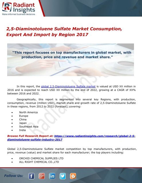 2,5-Diaminotoluene Sulfate Market Consumption, Export And Import by Region 2017 