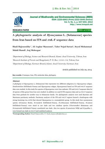 A phylogenetic analysis of Hyoscyamus L. (Solanaceae) species from Iran based on ITS and trnL-F sequence data