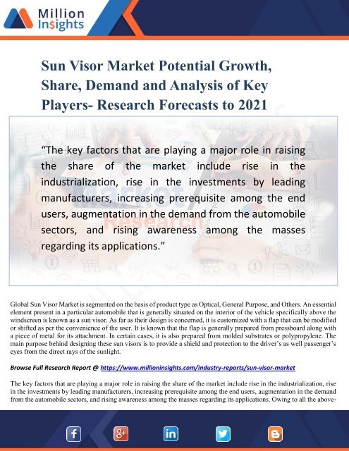 Sun Visor Market Potential Growth, Share, Demand and Analysis of Key Players- Research Forecasts to 2021