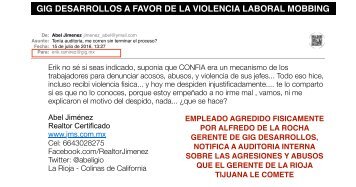 PRUEBAS DE VIOLENCIA LABORAL DISCRIMINACION COMETIDAS POR GIG DESARROLLOS Y GERENTE Y DIRECTOR DE UDN TIJUANA ALFREDO DE LA ROCHA, EN AGRAVIO DEL AGENTE INMOBILIARIO ABEL JIMENEZ