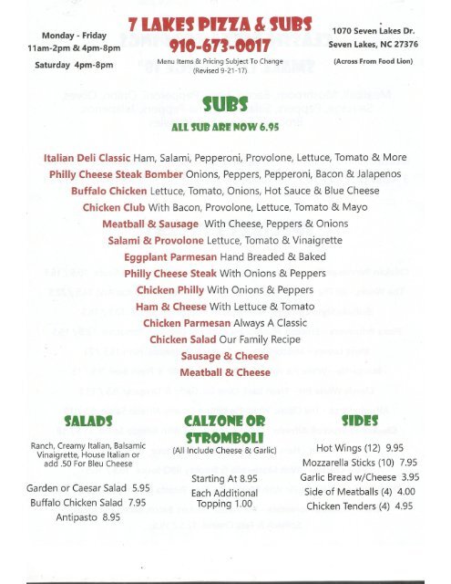 7 Lakes Pizza New Menu