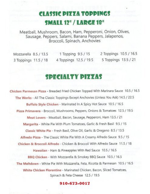 7 Lakes Pizza New Menu