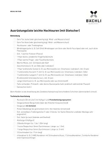 Bächli Bergsport Ausrüstungsliste einfache Hochtouren