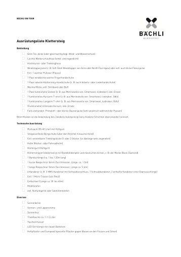 Bächli Bergsport Ausrüstungsliste Klettersteige
