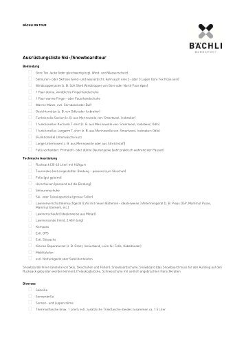 Bächli Bergsport Ausrüstungsliste Skitour/Snowboardtour