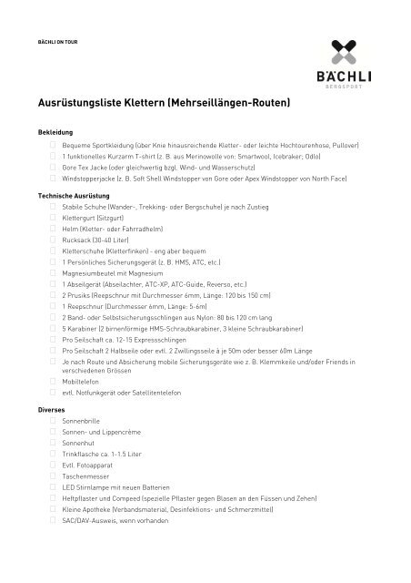 Bächli Bergsport Ausrüstungsliste Klettern/Mehrseillänge