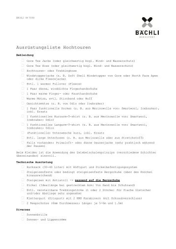 Baechliontour Ausrüstungsliste einfache Hochtouren