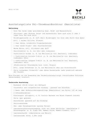 Baechliontour Ausrüstungsliste leichte Skihochtour ohne Steigeisen