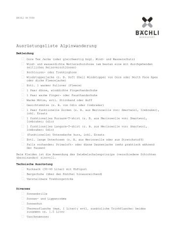 Baechliontour Ausrüstungsliste Alpinwanderung