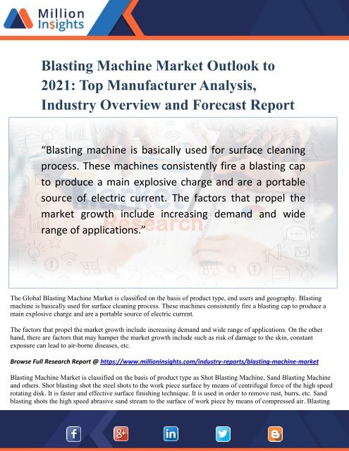Blasting Machine Market Outlook to 2021- Top Manufacturer Analysis, Industry Overview and Forecast Report