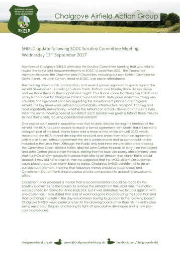 SHIELD Update following SODC Scrutiny Committee Meeting Wednesday 13th September 2017