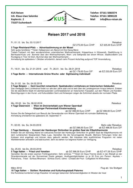 REISEN, TAGESFAHRTEN, KREUZFAHRTEN 2017 und 2018  -  KUS Reisen 73107 Eschenbach und 73035 Göppingen