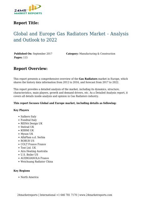 Gas Radiators Market - Analysis and Outlook to 2022 24marketreports