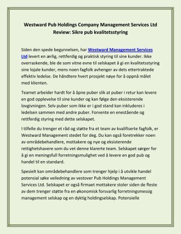 Westward Pub Holdings Company Management Services Ltd Review: Sikre pub kvalitetsstyring