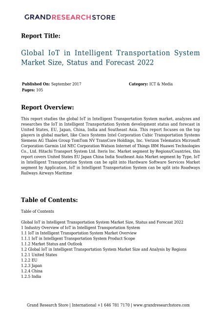 Global IoT in Intelligent Transportation System Market Size, Status and Forecast 2022