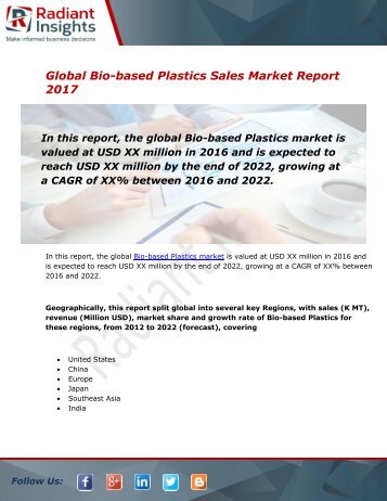 Bio-based Plastics Sales Market Size, Share, Trends, Analysis and Forecast Report to 2022:Radiant Insights, Inc